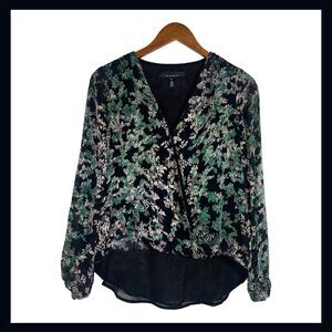 White House Black Market Burnout Velvet Floral Blouse Wrap Front XS